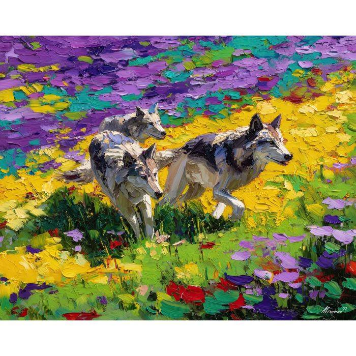 blooming, scene, spring animals, wolves, wildlife art, nature scene, bright colors, palette knife, oil painting, impasto, textured surface, animal painting, springtime, modern wildlife art, painterly style, seasonal art, expressive painting