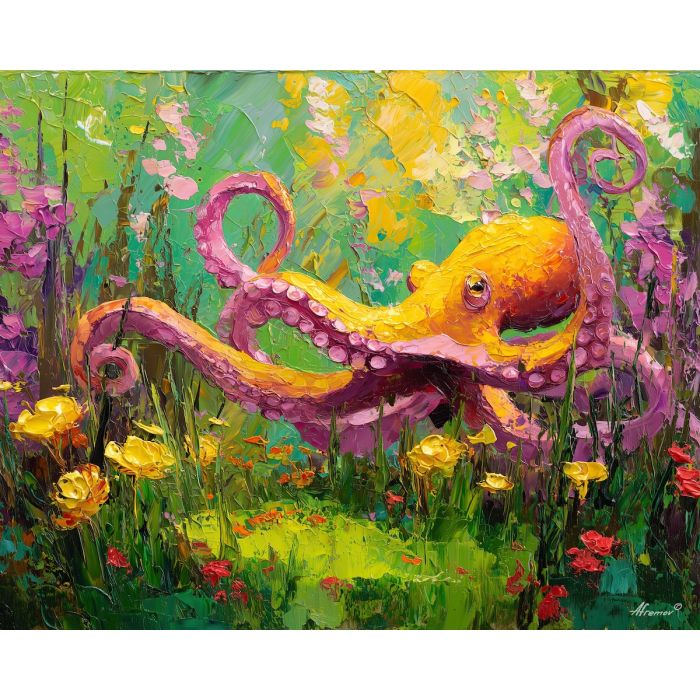 blooming, season, spring animals, octopi, wildlife art, nature scene, bright colors, palette knife, oil painting, impasto, textured surface, animal painting, springtime, modern wildlife art, painterly style, seasonal art, expressive painting