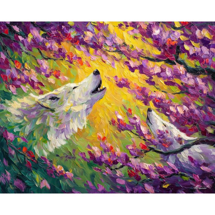 vivid, breeze, spring animals, wolves, wildlife art, nature scene, bright colors, palette knife, oil painting, impasto, textured surface, animal painting, springtime, modern wildlife art, painterly style, seasonal art, expressive painting