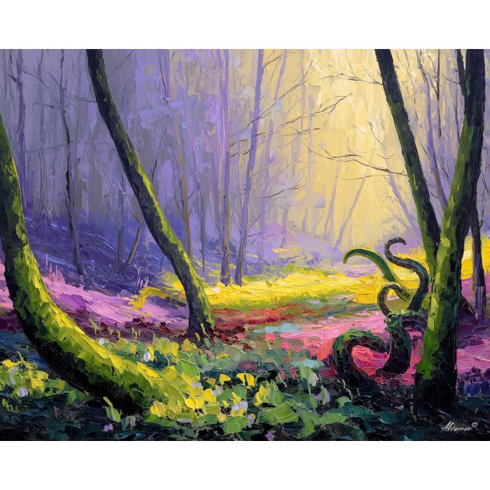 soft, land, spring animals, octopi, wildlife art, nature scene, bright colors, palette knife, oil painting, impasto, textured surface, animal painting, springtime, modern wildlife art, painterly style, seasonal art, expressive painting