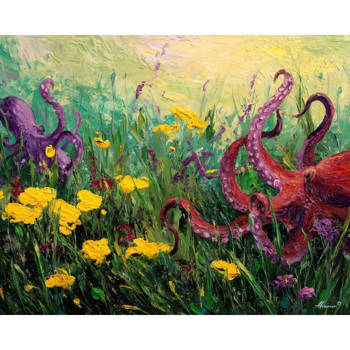 wild, space, spring animals, octopi, wildlife art, nature scene, bright colors, palette knife, oil painting, impasto, textured surface, animal painting, springtime, modern wildlife art, painterly style, seasonal art, expressive painting