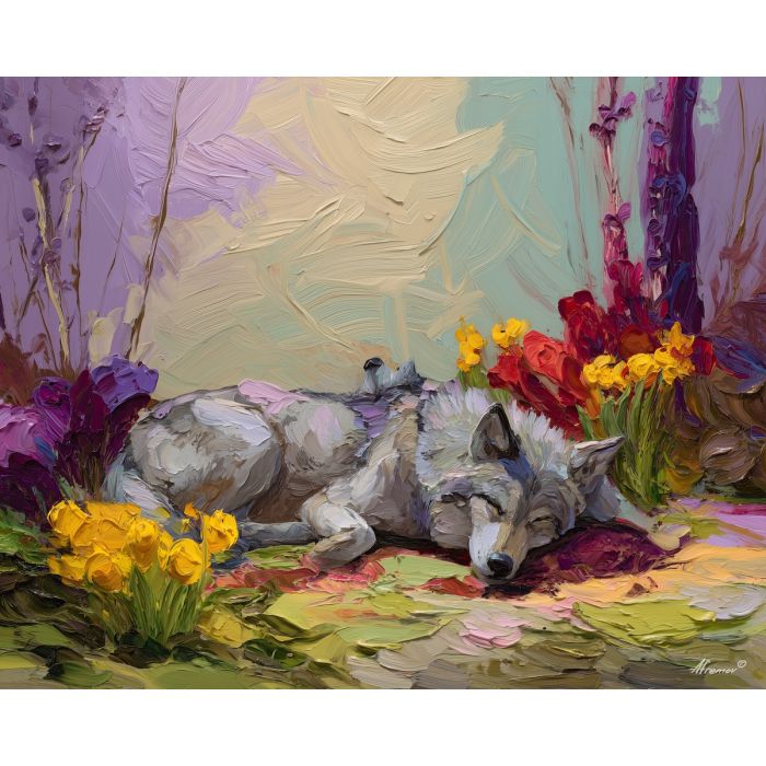flowing, space, spring animals, wolves, wildlife art, nature scene, bright colors, palette knife, oil painting, impasto, textured surface, animal painting, springtime, modern wildlife art, painterly style, seasonal art, expressive painting