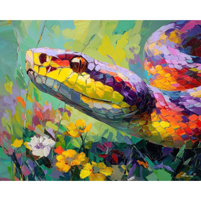 light, clearing, spring animals, snakes, wildlife art, nature scene, bright colors, palette knife, oil painting, impasto, textured surface, animal painting, springtime, modern wildlife art, painterly style, seasonal art, expressive painting