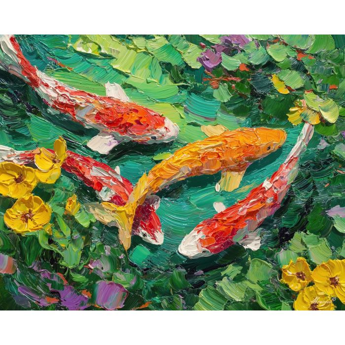 vivid, rhythm, spring animals, fish, wildlife art, nature scene, bright colors, palette knife, oil painting, impasto, textured surface, animal painting, springtime, modern wildlife art, painterly style, seasonal art, expressive painting