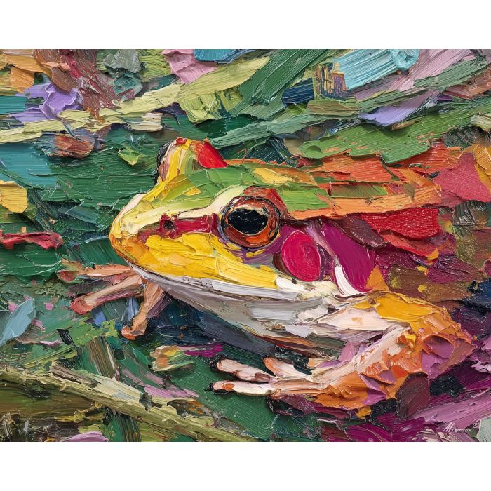 wild, ground, spring animals, frogs, wildlife art, nature scene, bright colors, palette knife, oil painting, impasto, textured surface, animal painting, springtime, modern wildlife art, painterly style, seasonal art, expressive painting