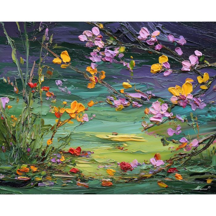 natural, meadow, spring animals, turtles, wildlife art, nature scene, bright colors, palette knife, oil painting, impasto, textured surface, animal painting, springtime, modern wildlife art, painterly style, seasonal art, expressive painting