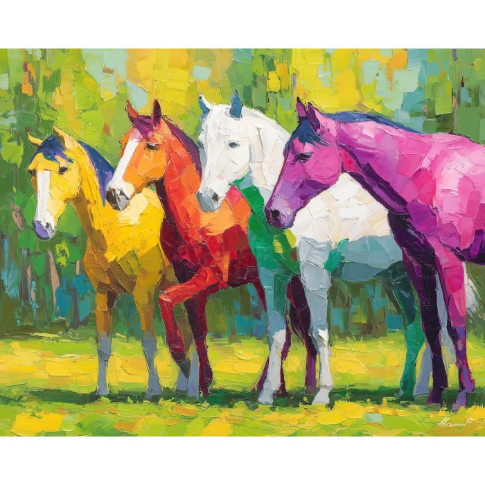 colorful, place, spring animals, horses, wildlife art, nature scene, bright colors, palette knife, oil painting, impasto, textured surface, animal painting, springtime, modern wildlife art, painterly style, seasonal art, expressive painting