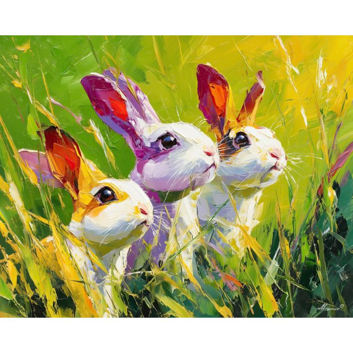 green, place, spring animals, rabbits, wildlife art, nature scene, bright colors, palette knife, oil painting, impasto, textured surface, animal painting, springtime, modern wildlife art, painterly style, seasonal art, expressive painting