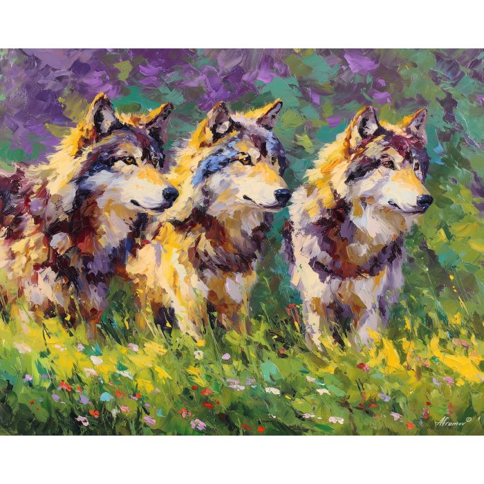 natural, growth, spring animals, wolves, wildlife art, nature scene, bright colors, palette knife, oil painting, impasto, textured surface, animal painting, springtime, modern wildlife art, painterly style, seasonal art, expressive painting
