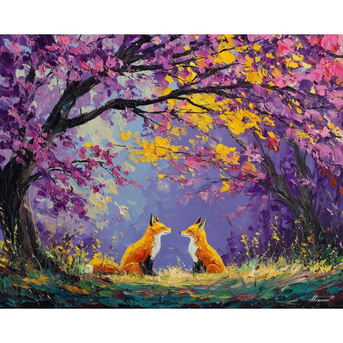 fresh, horizon, spring animals, foxes, wildlife art, nature scene, bright colors, palette knife, oil painting, impasto, textured surface, animal painting, springtime, modern wildlife art, painterly style, seasonal art, expressive painting