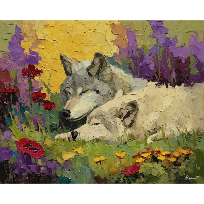 blooming, balance, spring animals, wolves, wildlife art, nature scene, bright colors, palette knife, oil painting, impasto, textured surface, animal painting, springtime, modern wildlife art, painterly style, seasonal art, expressive painting
