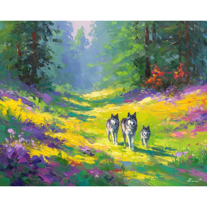 colorful, path, spring animals, wolves, wildlife art, nature scene, bright colors, palette knife, oil painting, impasto, textured surface, animal painting, springtime, modern wildlife art, painterly style, seasonal art, expressive painting