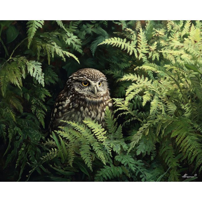 owl bird,forest ferns,quiet rest,oil painting
