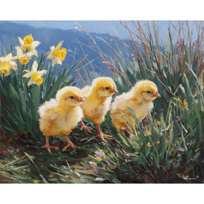 spring chicks,open field,oil painting