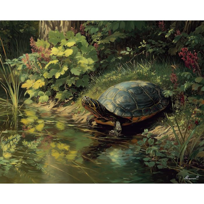 spring turtle,pond edge,oil painting