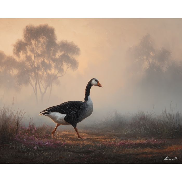 goose bird,morning mist,field calm,oil painting