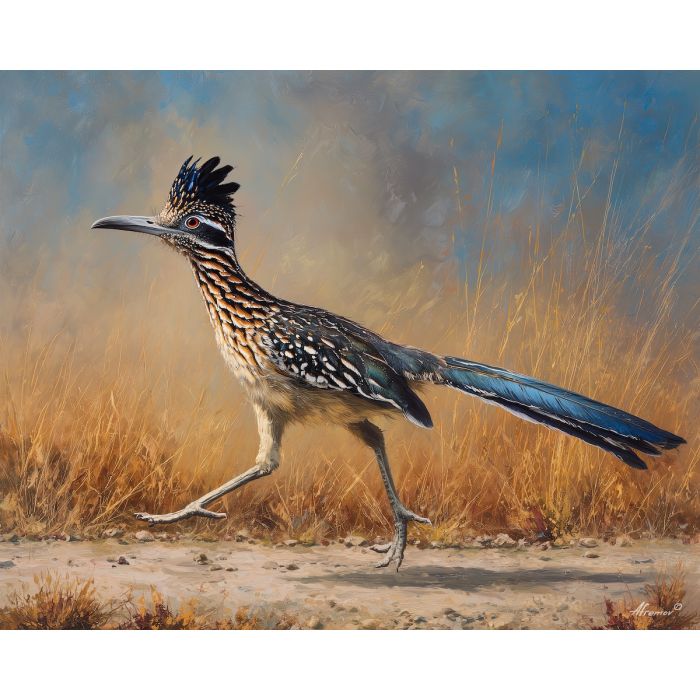 roadrunner bird,desert path,open land,oil painting