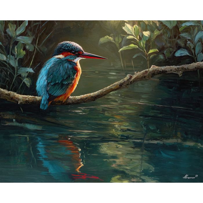 kingfisher bird,river perch,colorful feathers,oil painting
