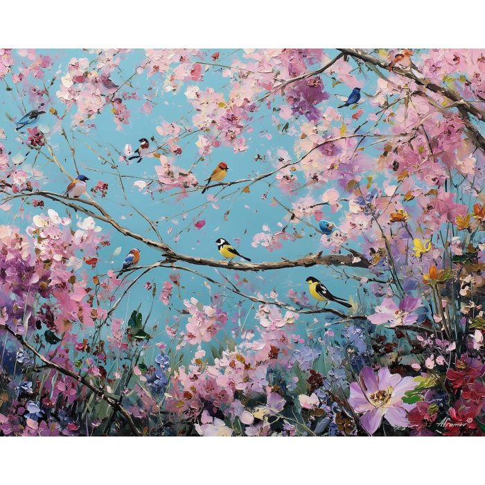 spring birds,blossoms,morning scene,oil painting