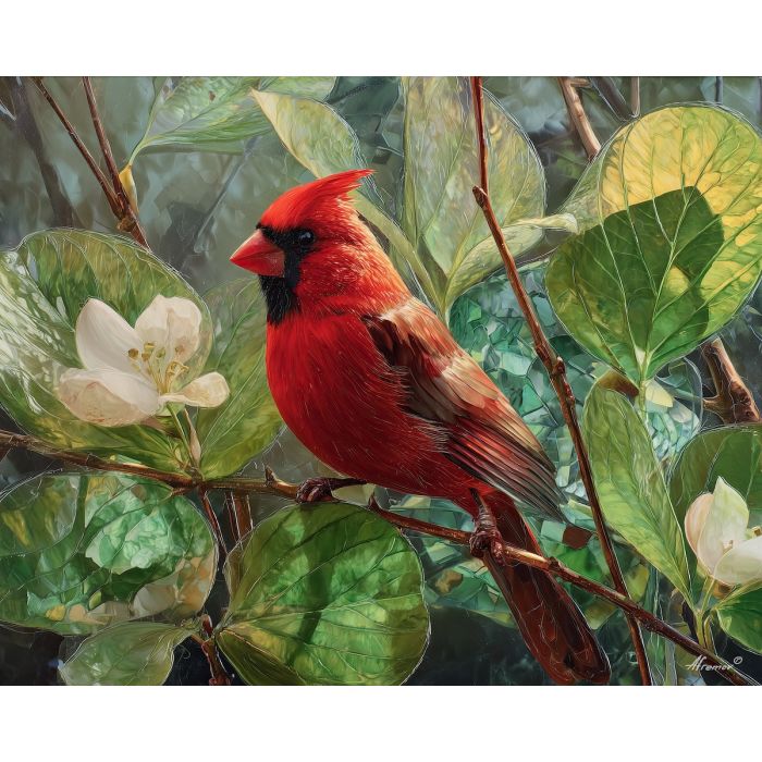 cardinal bird,red feathers,spring foliage,oil painting,nature bird,avian portrait,soft light,leaf texture,calm wildlife scene