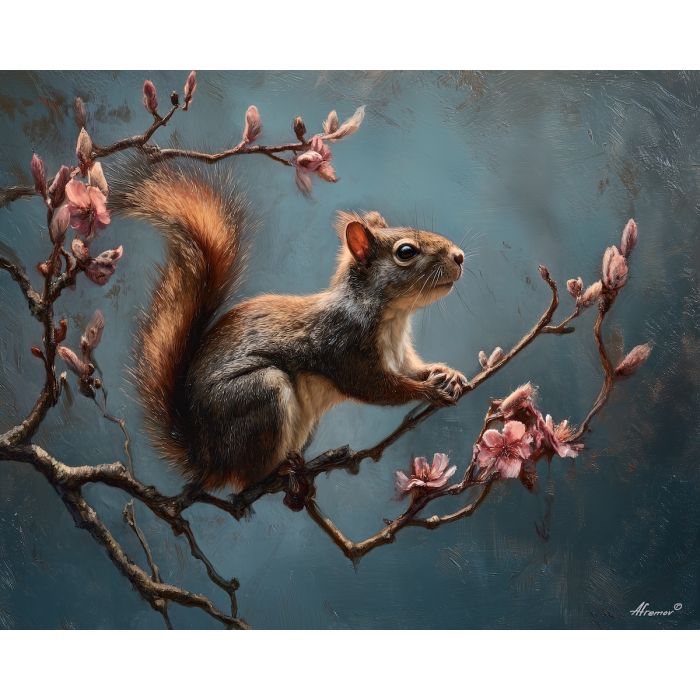 spring squirrel,budding tree,oil painting