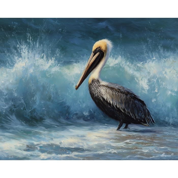 pelican bird,coastal scene,shoreline calm,oil painting