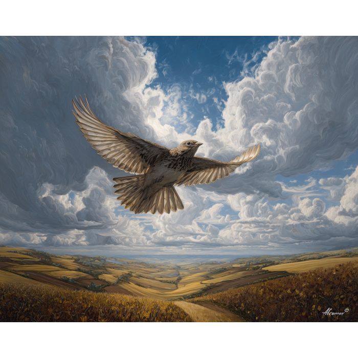 lark bird,open fields,sunlit grass,oil painting,bird flight start