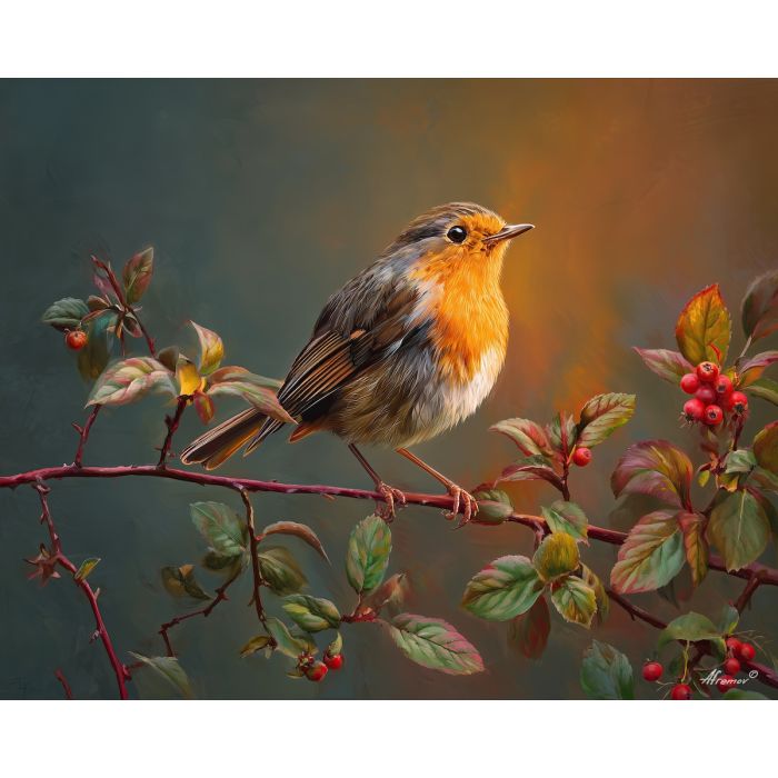 spring robin,sunrise bird,oil painting
