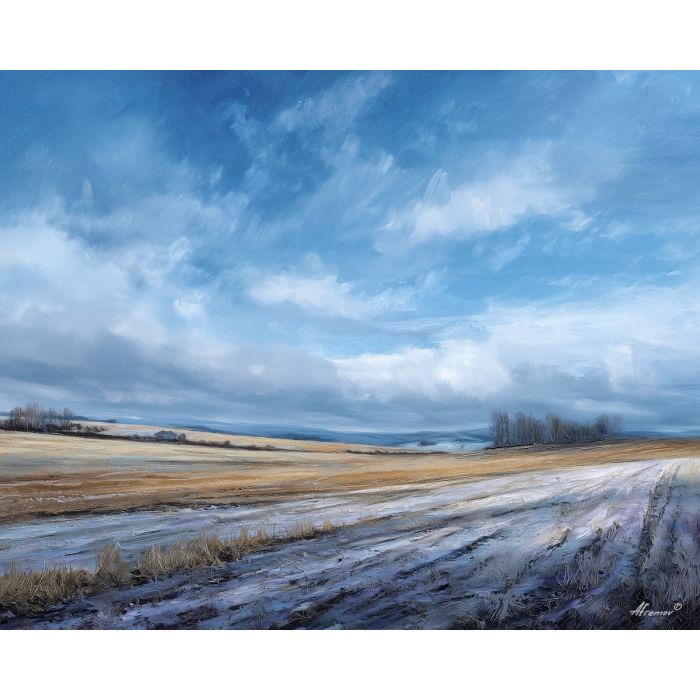 spring thaw,green fields,morning calm,oil painting