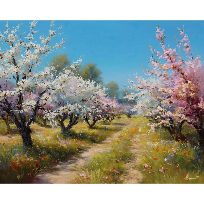 spring orchard,blossoming trees,oil painting
