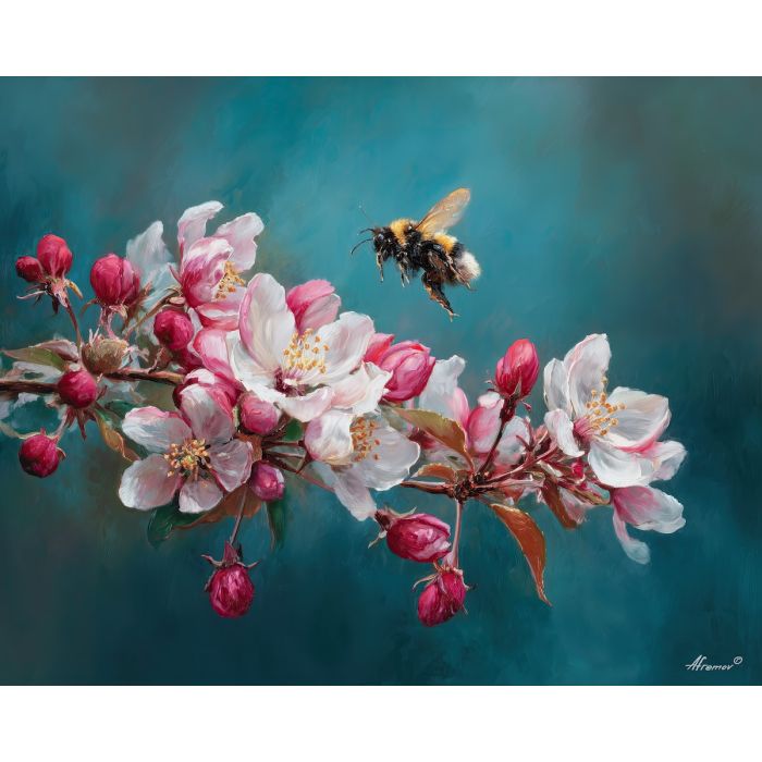 spring bee,flower pollination,oil painting