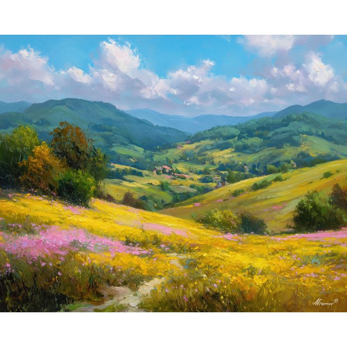 spring hills,falling petals,oil painting