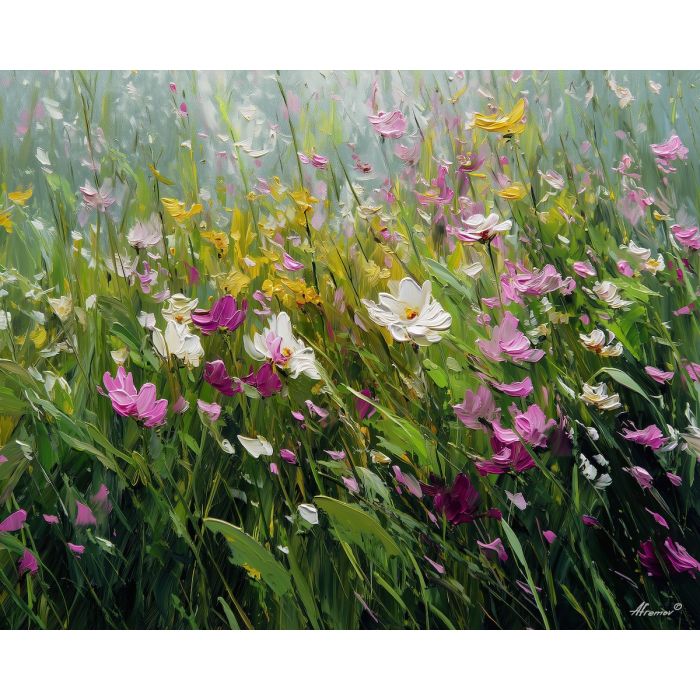 spring meadow,flower petals,morning light,oil painting