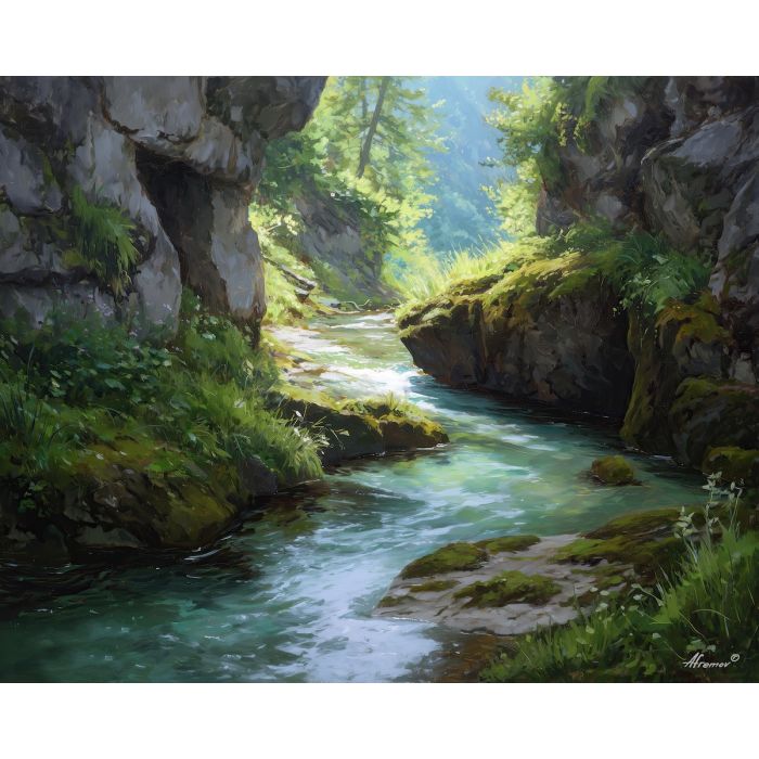 spring stream,new growth,oil painting