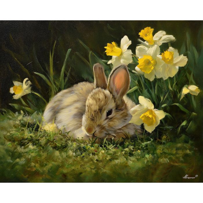 spring rabbit,flowers meadow,oil painting