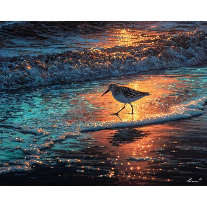 sandpiper bird,shoreline glow,coastal wildlife,oil painting,bird on sand,soft reflection