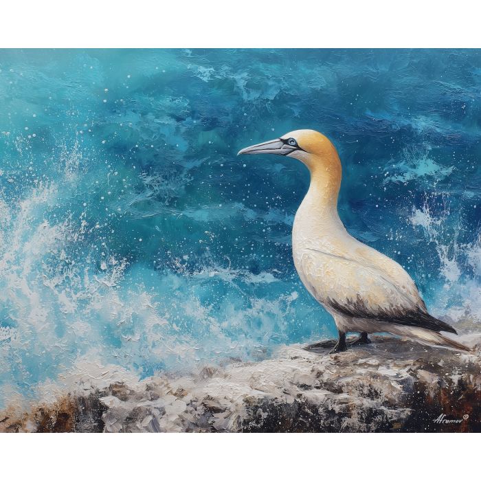 gannet,seabird,coastal scene,oil painting,ocean shore,wildlife art,white feathers,soft light,calm sea,bird portrait