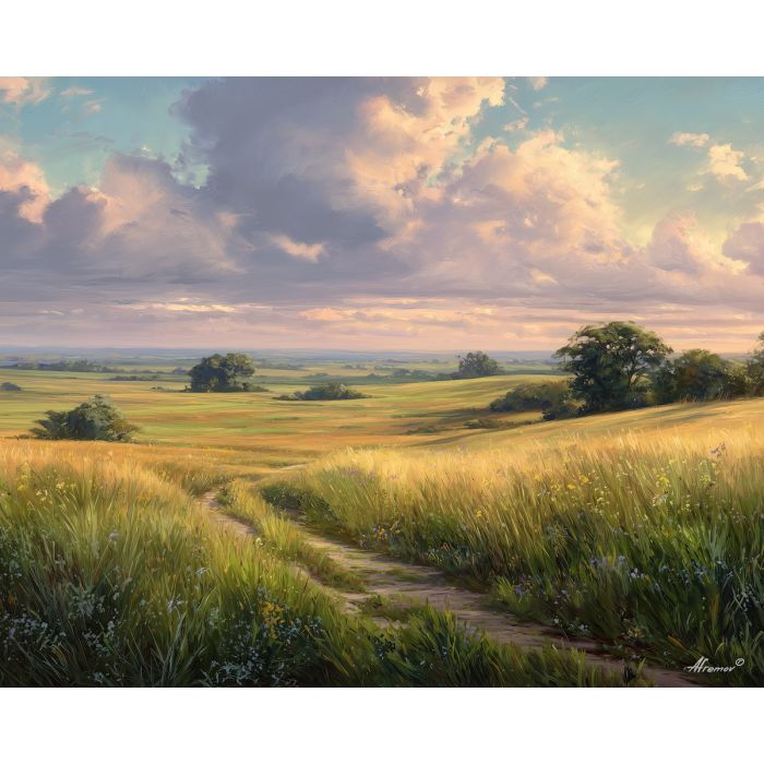 spring landscape,soft sunlight,open fields,oil painting