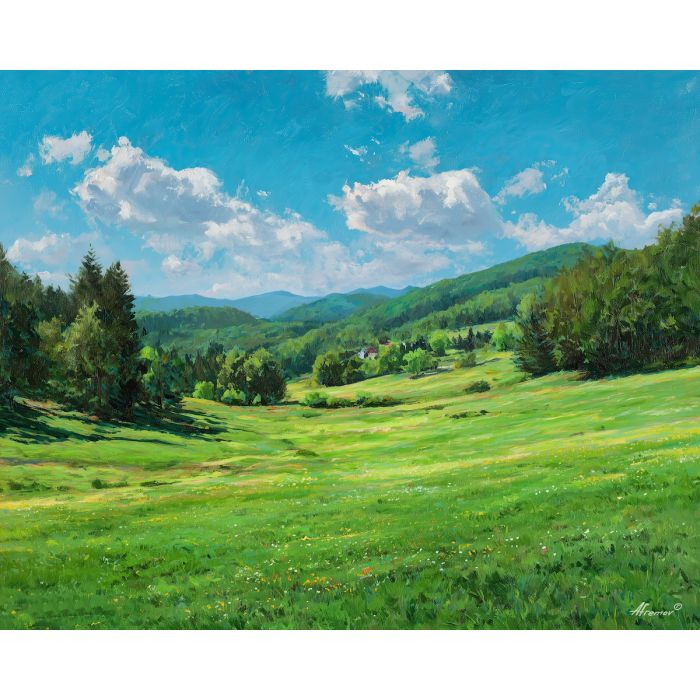 spring meadow,clear sky,oil painting