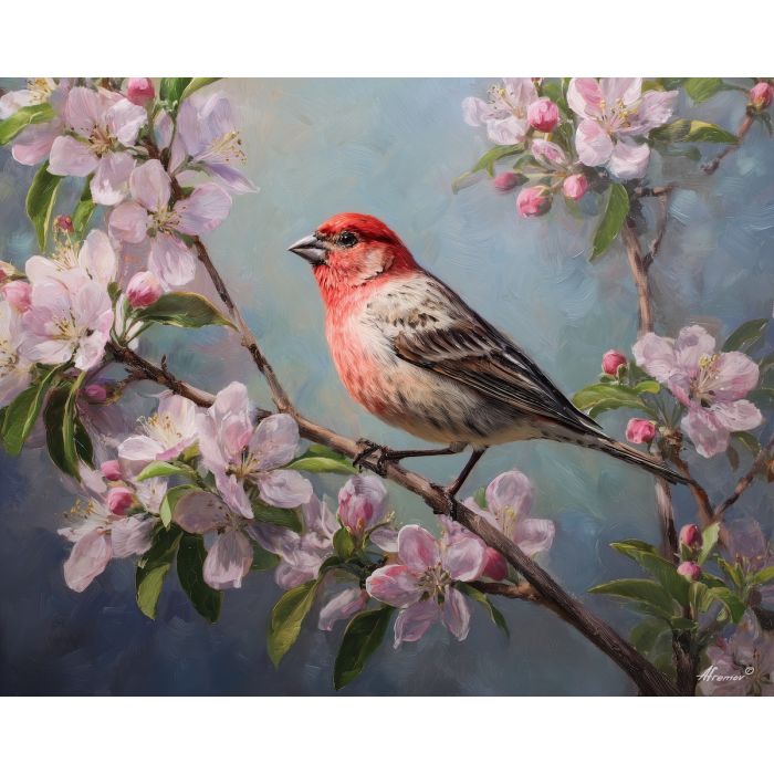 finch,bird portrait,flowering branches,oil painting,spring bird,nature art,soft colors,feather detail,peaceful scene