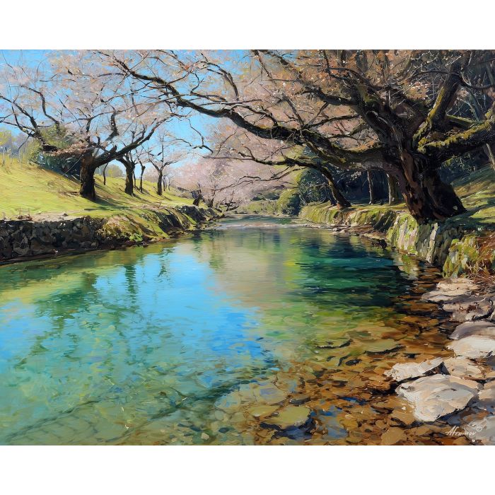 spring riverbank,calm scene,oil painting