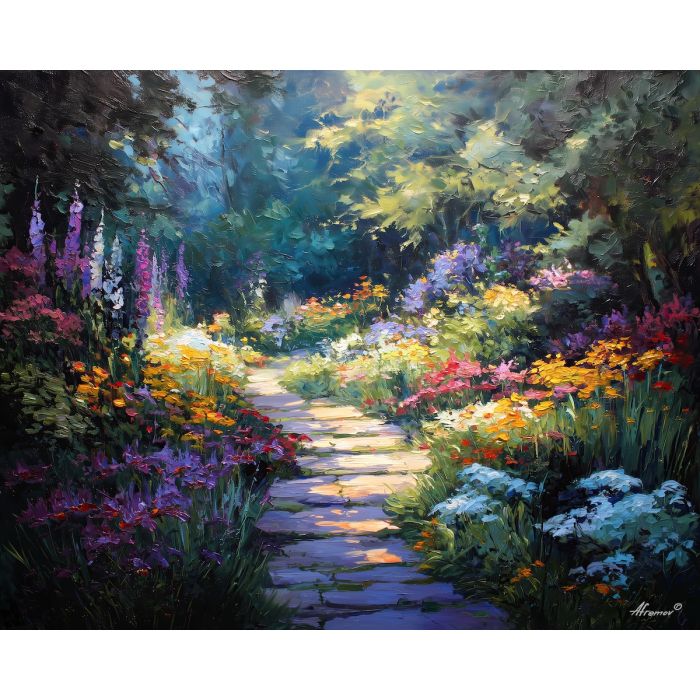 spring garden,path light,oil painting