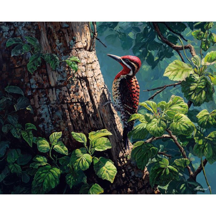 woodpecker bird,tree bark,forest shade,oil painting,avian portrait