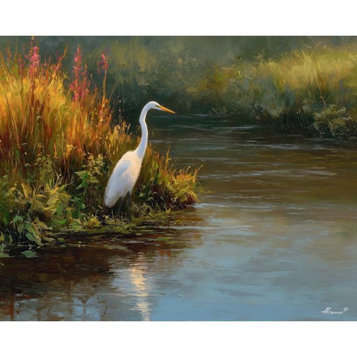egret bird,riverbank calm,white feathers,oil painting