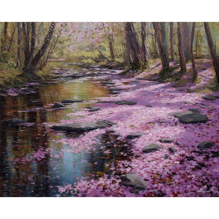 spring riverbank,flower petals,oil painting