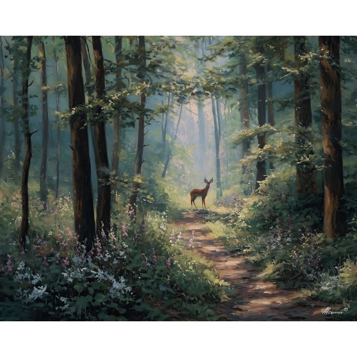 spring deer,forest path,oil painting