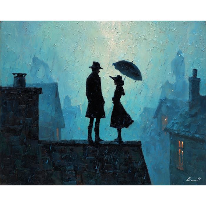 witch ghost rain,rooftop night,oil painting