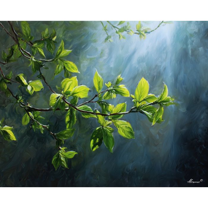 spring leaves,morning glow,oil painting