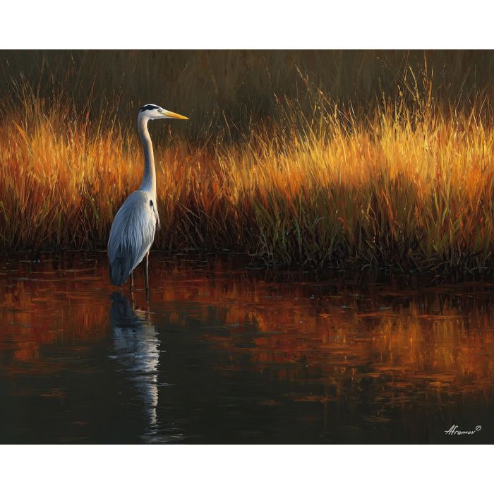 heron,wetlands,bird portrait,water reflection,oil painting,wading bird,soft light,calm stance,marshland,nature scene,wildlife,feather texture,tranquil mood,still water,long legs,avian elegance,subtle tones,realistic bird,peaceful atmosphere