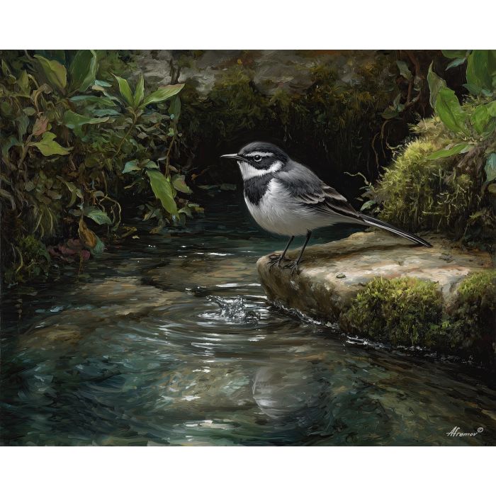 wagtail bird,river stones,motion calm,oil painting